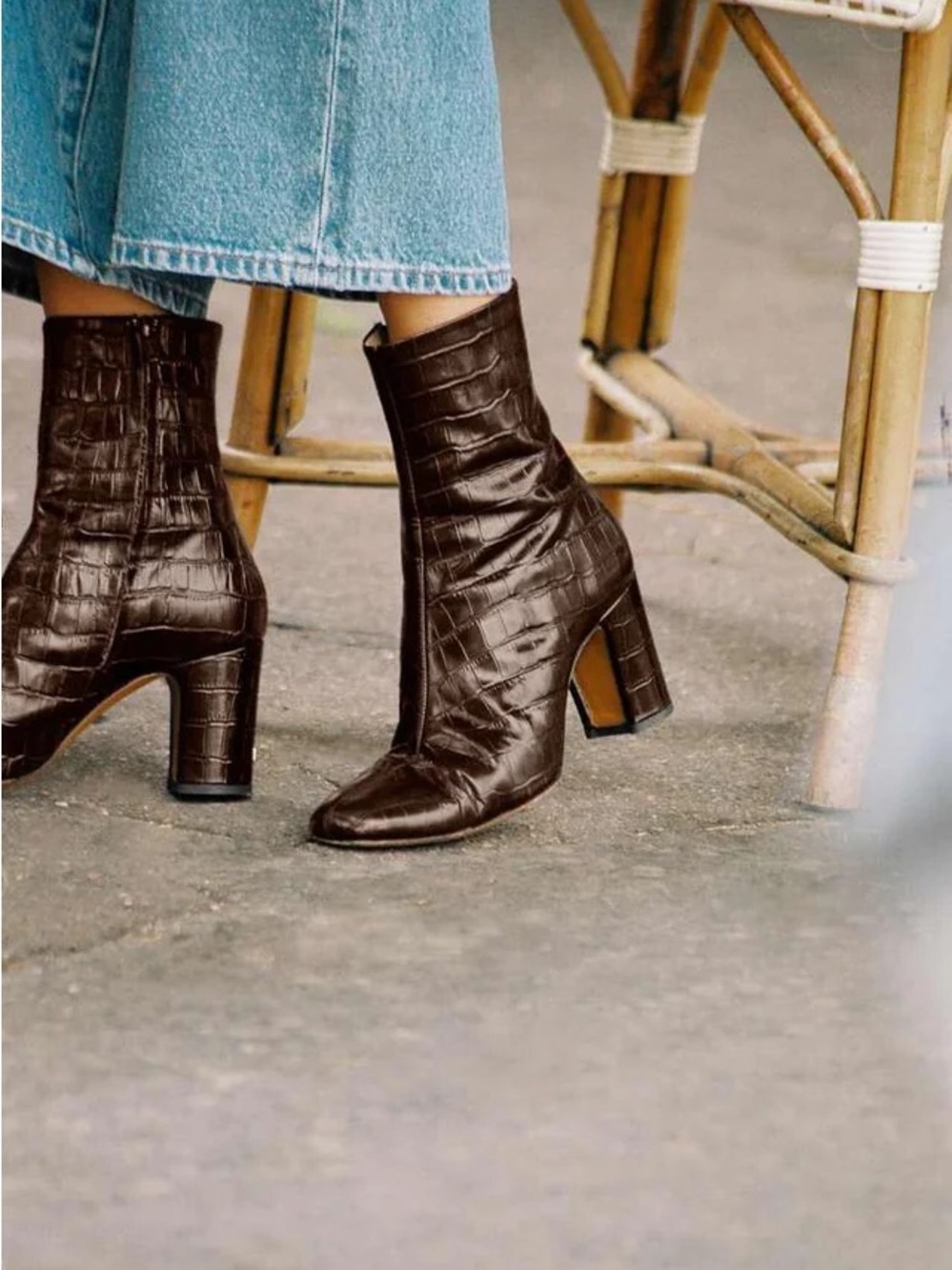 Rouje Celeste Chocolate Brown Croc-Embossed Ankle Boots (Size 37)